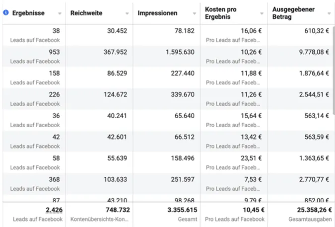 Meta Ads Dashboard: 2.426 Leads bei 25.358 € Ad Spend und 10,45 € Cost per Lead