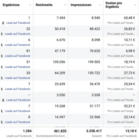 Meta Ads Performance: 1.284 Leads bei 13,18 € Cost per Lead und 3,2 Mio. Impressions
